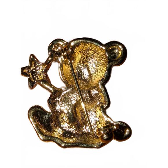 1980s Gold Tone Teddy Bear Brooch with Rhinestones - Picture 3 of 4